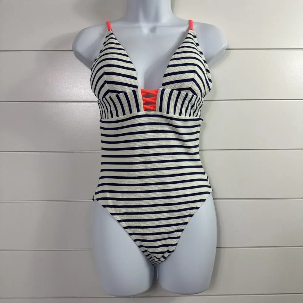 J. Crew V-Neck Crisscross One Piece Swimsuit Textured Stripe White Blue sz 6